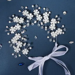 Huanhuan hilo con accesorios acrílico flor tiara vestido de novia perla rhinestone diadema hecha a mano