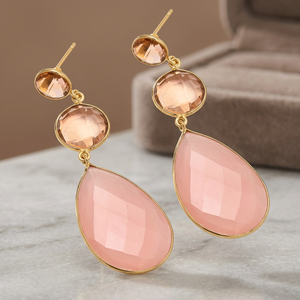 ต่างหูห้อยประดับควอตซ์สีชมพูแบบใหม่ ดีไซน์ทันสมัย ชุบทอง 14k - Product Image 3