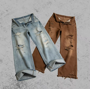 Jean ample taille haute personnalisé pour homme, coupe oversize, délavé à l'acide, style vintage, jambe large, denim déchiré, tendance - Product Image 2