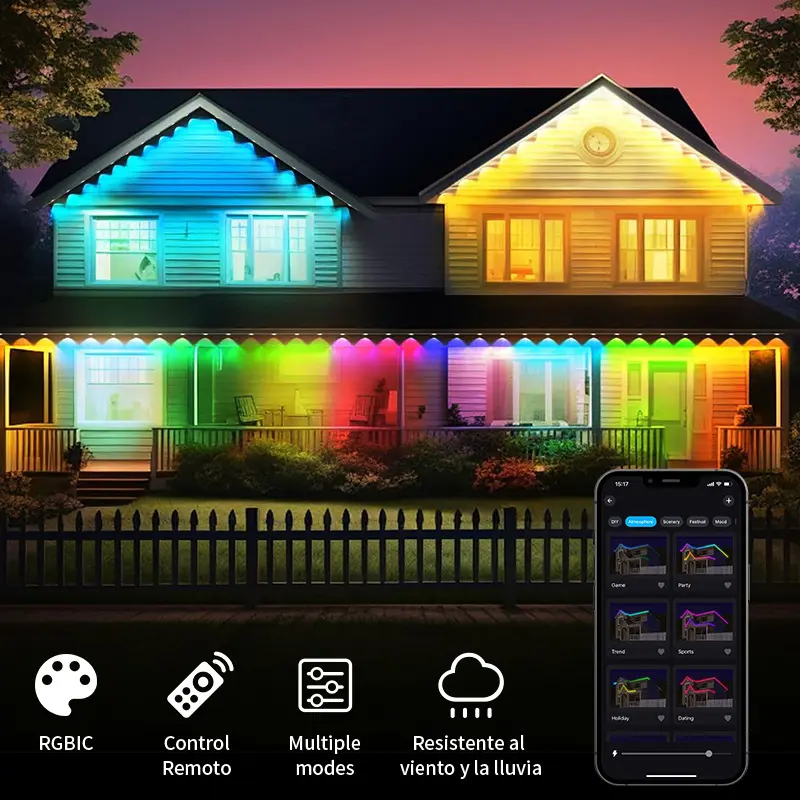 스마트 홈 RGB 30LED 야외 문자열 조명 120 장면 모드 블루투스 앱 제어 방수 처마 조명 홈 크리스마스