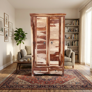 Armoire en bois style vintage avec finition vieillie, 2 tiroirs, porte, organisateur de vêtements artisanal pour chambre, hôtel, salon - Product Image 2