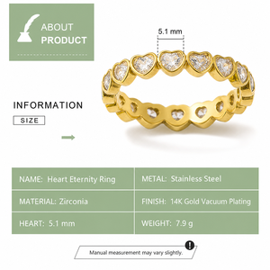 Heart Eternity <b>Ring</b> <b>Stainless</b> <b>Steel</b> 14K Gold Vacuum Plated Full Band with Clear Heart-Cut Zirconia - Product Image 2
