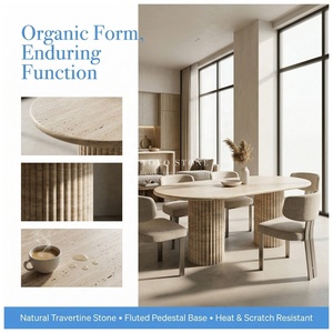 Tavolo da Pranzo in Travertino Lucidato, Forma Ovale Morbida con Colonne Romane Scanalate, Design Minimalista Moderno per Villa e Appartamento - Product Image 4