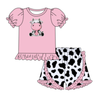 Ensemble de vêtements d'été pour enfants, short à volants, tenue rose avec broderie de vache pour bébé fille