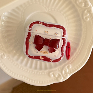 Funda para auriculares Bluetooth AirPods de 4.ª generación, diseño floral vintage con lazo rojo y correa, funda para auriculares anticaídas - Product Image 3