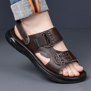 Men's Summer Sandals Top Layer Cowhide Flat Thick Soled Beach Casual Shoes Slip On Brown Black 9803 - Product Image 3