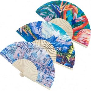 23cm Bamboo <b>Frame</b> Handheld Wooden Fabric Fan Flower Design Custom Shape Painting Wedding Favors Bulk Wholesale Custom Logo - Product Image 5