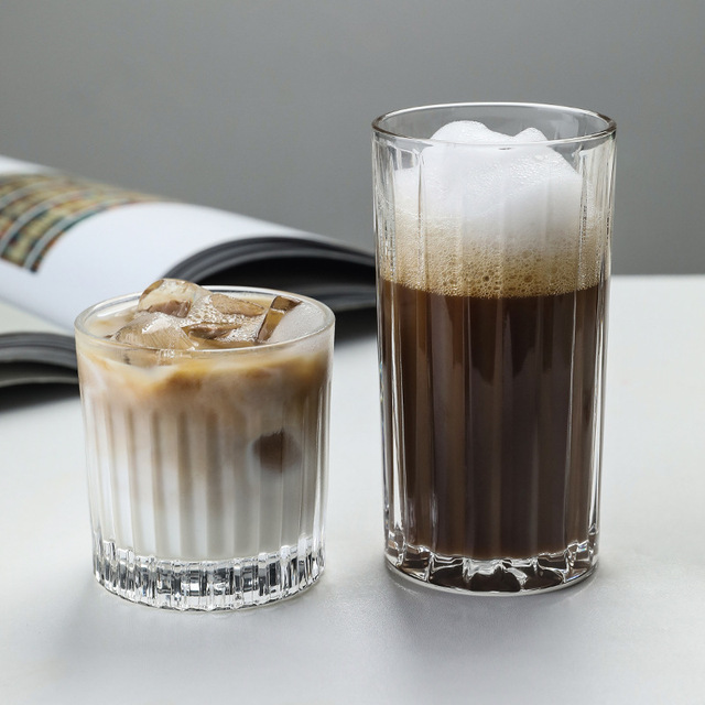 Coffee Shop Style American Latte Iced Coffee Mug Cold Brew Mocha Vintage Striped Glass Cup for Home Use