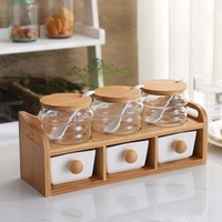 Ensemble de 3 pots à épices en céramique avec support de rangement en bambou à 3 tiroirs pour l'organisation des assaisonnements sur le comptoir de cuisine