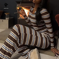 Ensemble de vêtements de détente côtelés rayés, ensemble de pyjama à boutons personnalisés, coupe ajustée, décontracté, manches longues, vêtements de nuit, ensembles deux pièces pour femmes