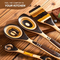 Ensemble d'ustensiles de cuisine antiadhésifs à prise confortable, ustensiles en bois naturel avec support en bois d'acacia pour la cuisson