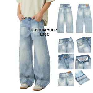 <span class=keywords><strong>Jeans</strong></span> da Uomo Personalizzati Blu Chiaro Lavato, Modello Heavyweight a Gamba Larga e Taglio Dritto, Versatili con Patch in <span class=keywords><strong>Pelle</strong></span> - Product Image 1