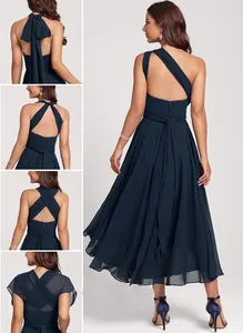 Vêtements d'été pour femmes tendance 2024 noir Sexy a-ligne col en V asymétrique 100% mousseline de soie Viscose dos nu robe de soirée Cocktail