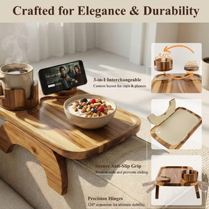 <span class=keywords><strong>Plateau</strong></span> pliable en bois d'acacia et bambou pour accoudoir de <span class=keywords><strong>canapé</strong></span> avec support de téléphone rotatif, portable, à un seul niveau, pour la maison et la cuisine - Product Image 5