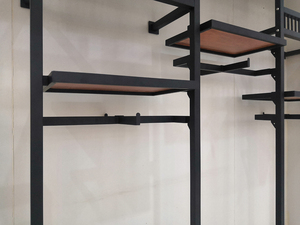 Tienda al por menor decoración MDF del grano de madera de hierro negro pared ropa Display Rack - Product Image 4