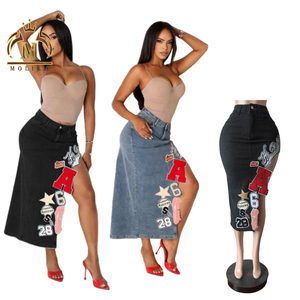 Gonna di alta qualità in <span class=keywords><strong>Denim</strong></span> da <span class=keywords><strong>donna</strong></span> Casual elasticizzato irregolare con toppa ricamata gonna longuette Casual in <span class=keywords><strong>Denim</strong></span> gonna lunga <span class=keywords><strong>abbigliamento</strong></span> <span class=keywords><strong>donna</strong></span> - Product Image 1