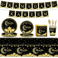 Lanterne en forme de croissant de lune en or noir, ensemble de fournitures jetables pour la fête du Ramadan et de l'Aïd, décoration pour les fêtes islamiques