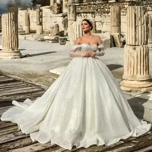 Mumuleo brillante manga larga vestidos De novia 2024 fuera del hombro lentejuelas vestidos De novia Dubai árabe princesa Vestido De Novia