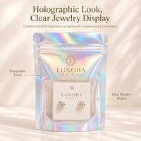 Pochettes à fermeture éclair holographiques personnalisées avec fenêtre transparente pour bijoux (boucles d'oreilles, colliers, bagues) – Emballage cadeau et de vente au détail OEM