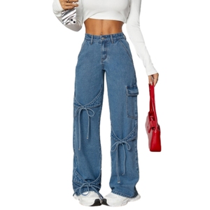 Pantalon en jean style workwear à nœud papillon pour femme, coupe ample et droite, jambe large, tendance - Product Image 1