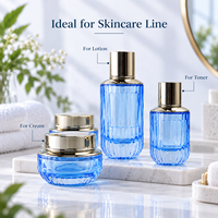 Set Kemasan Perawatan Kulit Kaca Biru 30g 50g 40ml 100ml 120ml Botol Krim Losion Toner Kosmetik
