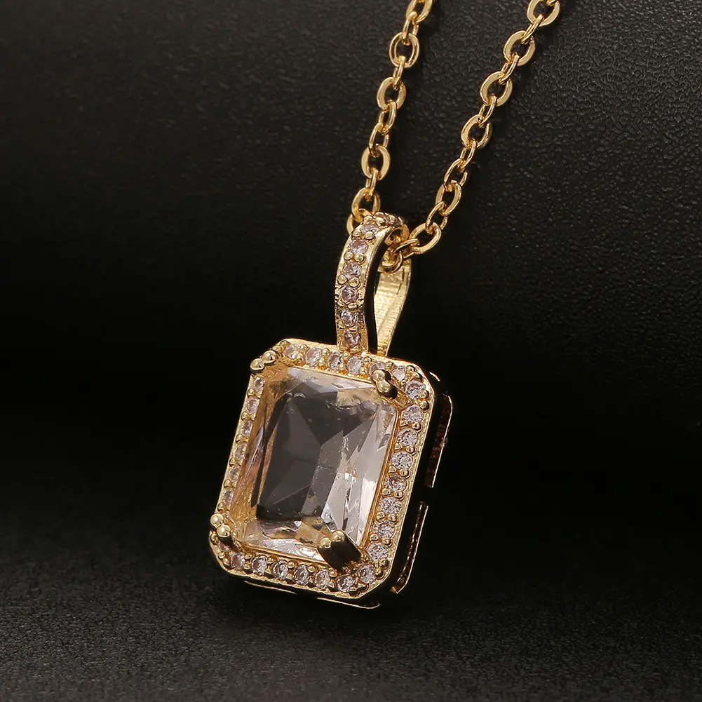 18k gold plated stainless steel necklace diamond square pendant necklace stainless steel green zircon stainless steel necklace