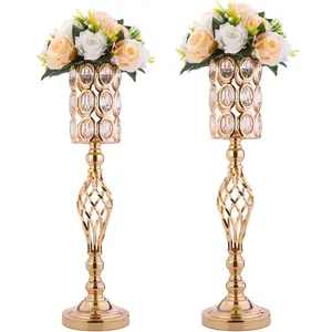 Tengah meja pernikahan 2 buah vas bunga pernikahan penyangga bunga kristal berlian logam perak untuk dekorasi meja
