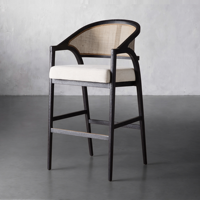 Tabouret de bar en rotin de style mid-century, structure en bois massif, assise en tissu rembourré, hauteur de comptoir, pour cuisine, restaurant, hôtel