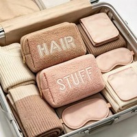 Trousses de Maquillage Préppy avec Patchs Lettres, Couleurs Rose Beige, Pochettes Cosmétiques en Peluche Douce de Noël avec Fermeture Éclair, Accessoires pour Cheveux pour Femmes
