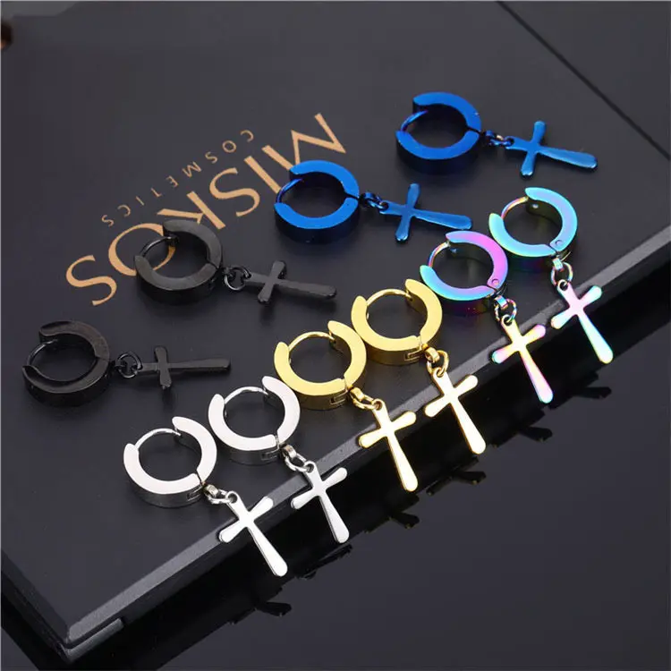 Fashion Stainless Steel Gothic Cross Dangle Hinged Hoop Earrings Punk 18K Gold Cross Huggie Hoop Earrings For Men Women Jewelry