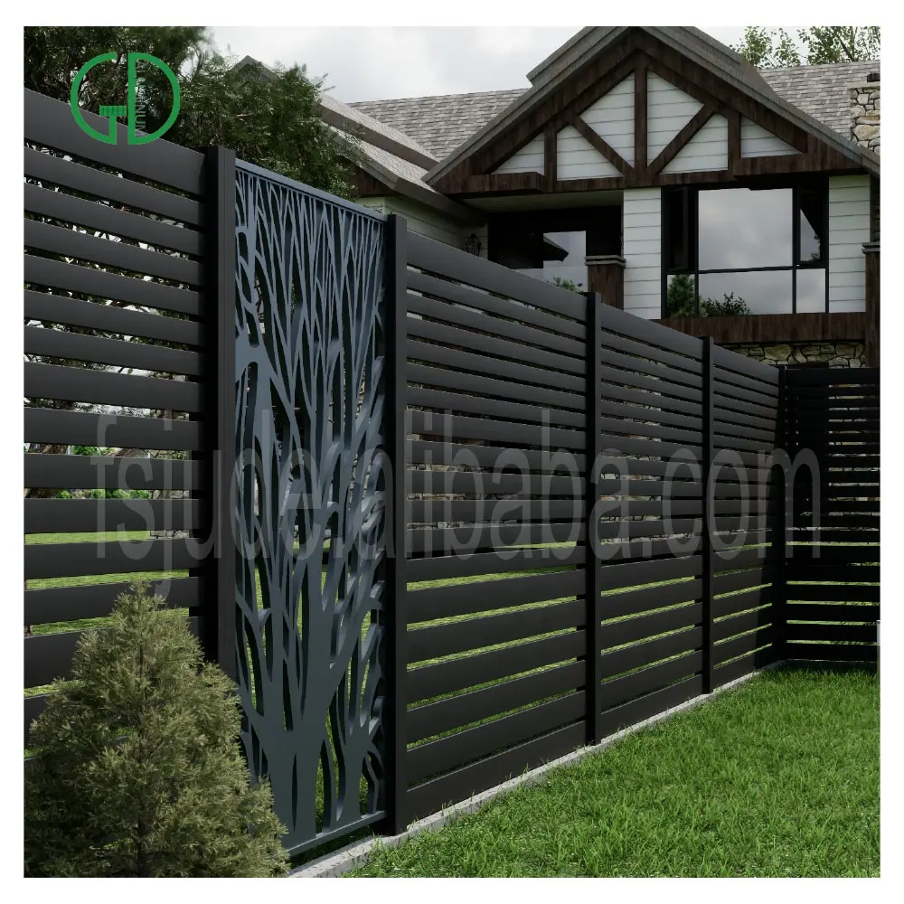 GD 6X6 6X8 8X8 Slat Fencing 6 8 Feet Cắt Laser Nhôm Recinzioni Giardino Ferro Nhà Sản Xuất Green Privacy Fence Panels