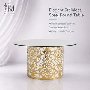 Table de banquet de mariage ronde personnalisée en acier inoxydable doré avec base en filigrane floral et plateau en verre trempé miroir - Product Image 1
