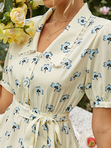 Wholesale New Fashion Summer Floral <strong>Dress</strong> Women <strong>Peasant</strong> Style Fresh Female Simple Print Lace up Short Sleeve <strong>Dress</strong> - Product Image 5