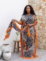 Gaun Rok Panjang Kasual Motif Cetak Bahan Polyester untuk Wanita Ukuran Besar, Model Kaftan Santai Lengan Kelelawar, Koleksi Terbaru Lintas Negara