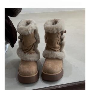 Botas de Nieve para Mujer, Invierno 2026, Forradas de Felpa, Cálidas, Punta Redonda, Hebilla Metálica, Plataforma, Versátiles, Cómodas, de Algodón - Product Image 1