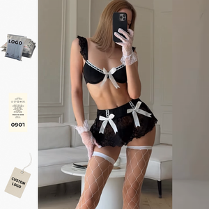 ชุดชั้นในลูกไม้ปักลายสไตล์ฝรั่งเศสสีดำขาวประดับโบว์ พร้อมถุงน่อง ระบายอากาศได้ดี เป็นมิตรกับสิ่งแวดล้อม เหมาะสำหรับหน้าร้อน - Product Image 1