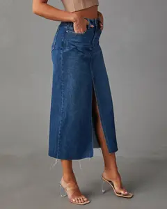 PASUXI 2024 Moda de rua para mulheres, saia jeans longa com bolso e cordão, roupa de trabalho com cintura elástica e bolso