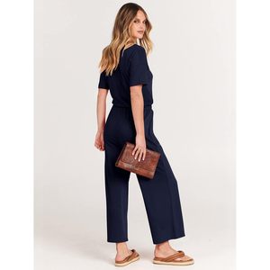 Combinaison courte décontractée d'été pour femme FOXA, manches courtes, col en V, taille élastique, jambes larges, avec poches - Product Image 5