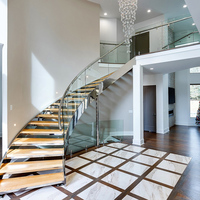 USA Canada Villa Escaliers modernes de luxe en verre avec rampe en bois Design Escalier incurvé en verre