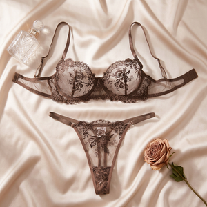 Wholesale Women's Floral Embroidery Sheer Mesh Underwire Bra and Thong <b>Set</b> Lace Plus Size Lingerie <b>Set</b> Comfortable <b>Sexy</b> Bra <b>Set</b> - Product Image 3