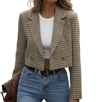 Manteau de costume vintage décontracté pour femme, coupe courte, à revers crantés, double boutonnage, manches longues, motif pied-de-poule