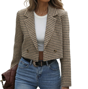 <span class=keywords><strong>Manteau</strong></span> de costume vintage décontracté pour femme, coupe courte, à revers crantés, double boutonnage, manches longues, motif pied-de-poule - Product Image 1