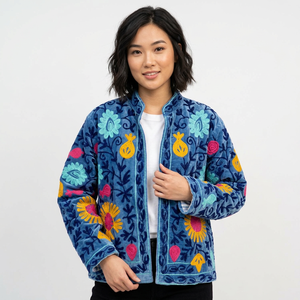 Blue Embroidered <b>Velvet</b> <b>Women's</b> Jacket Stand Mandarin Collar Floral Pattern Long Sleeve Autumn <b>Coat</b> - Product Image 1