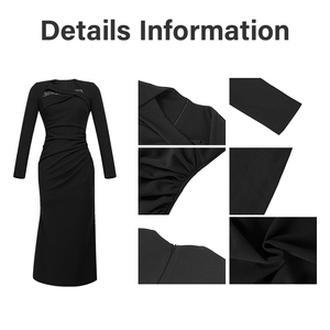 ZYHT 31323 Elegante <span class=keywords><strong>Abito</strong></span> <span class=keywords><strong>Midi</strong></span> Nero Intrecciato con Scollo Asimmetrico, Maniche Lunghe, Vita Arricciata, Silhouette Aderente, Vestito da Festa - Product Image 4