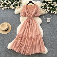 Femmes été robe mi-longue Design de mode manches bouffantes col en v solide décontracté luxe diamants Vintage rétro fête