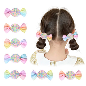 New Macaron Rainbow Gradient Lollipop <b>Bow</b> Hair <b>Clips</b> Cute Girls Side Bang Barrettes Kids Candy Hair Accessories - Product Image 1