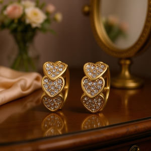 Orecchini a Cerchio E2425 con Cuore Dorato e Cristalli, Gioielli Romantici da Donna per Uso Quotidiano, Placcati in Oro con Micro Incastonature - Product Image 2