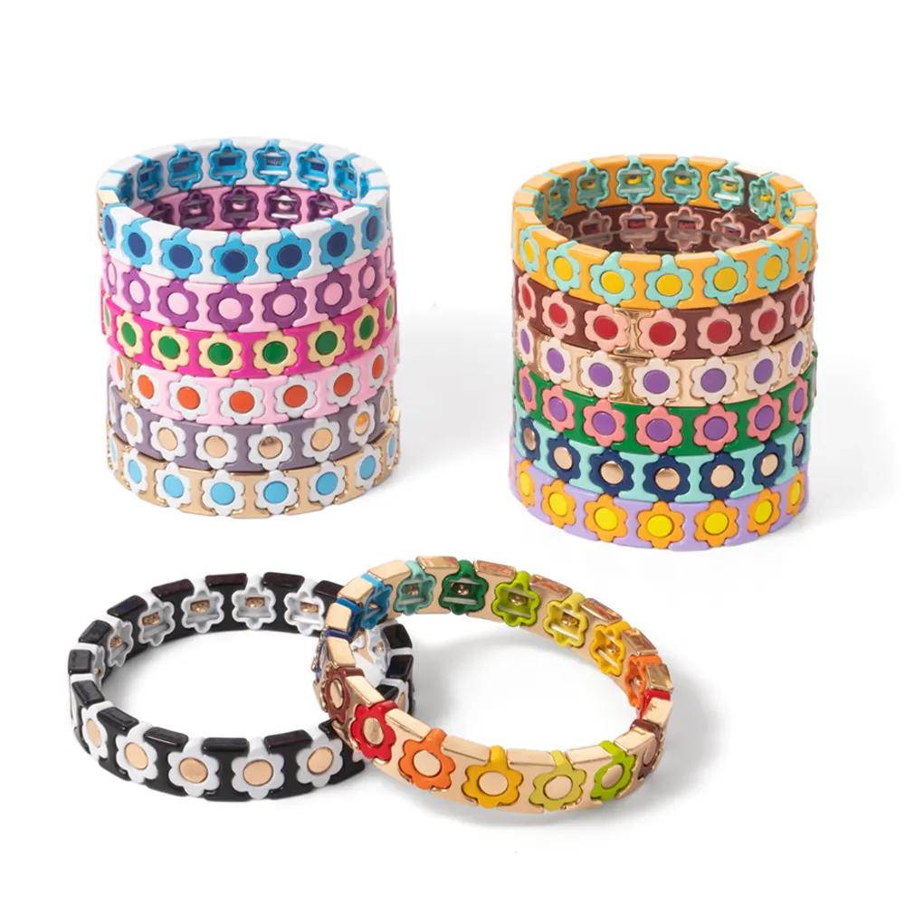 Wholesale Bohemian Jewelry Stretch Flower Bangle Colorful Spray-painted Enamel Tile Beads Bracelets Women