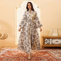 Robe maxi musulmane élégante avec broderie en feuilles d'or, col montant, manches bouffantes, ceinture, abaya pour femmes, robe de banquet
