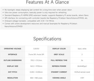 Waveshare 7,5 inch E-Paper Hat-displaymodule 800x480 resolutie Ondersteunt zwart/wit <span class=keywords><strong>2</strong></span> kleuren Compatibel Jetson Nano/Raspberry - Product Image 3